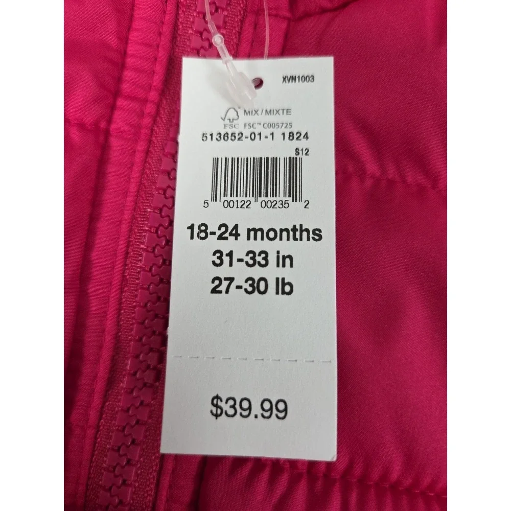 GAP‎ Baby Girls 18-24 Mos Puffer Vest Cold Control Hot Pink Full Zip Warm NEW